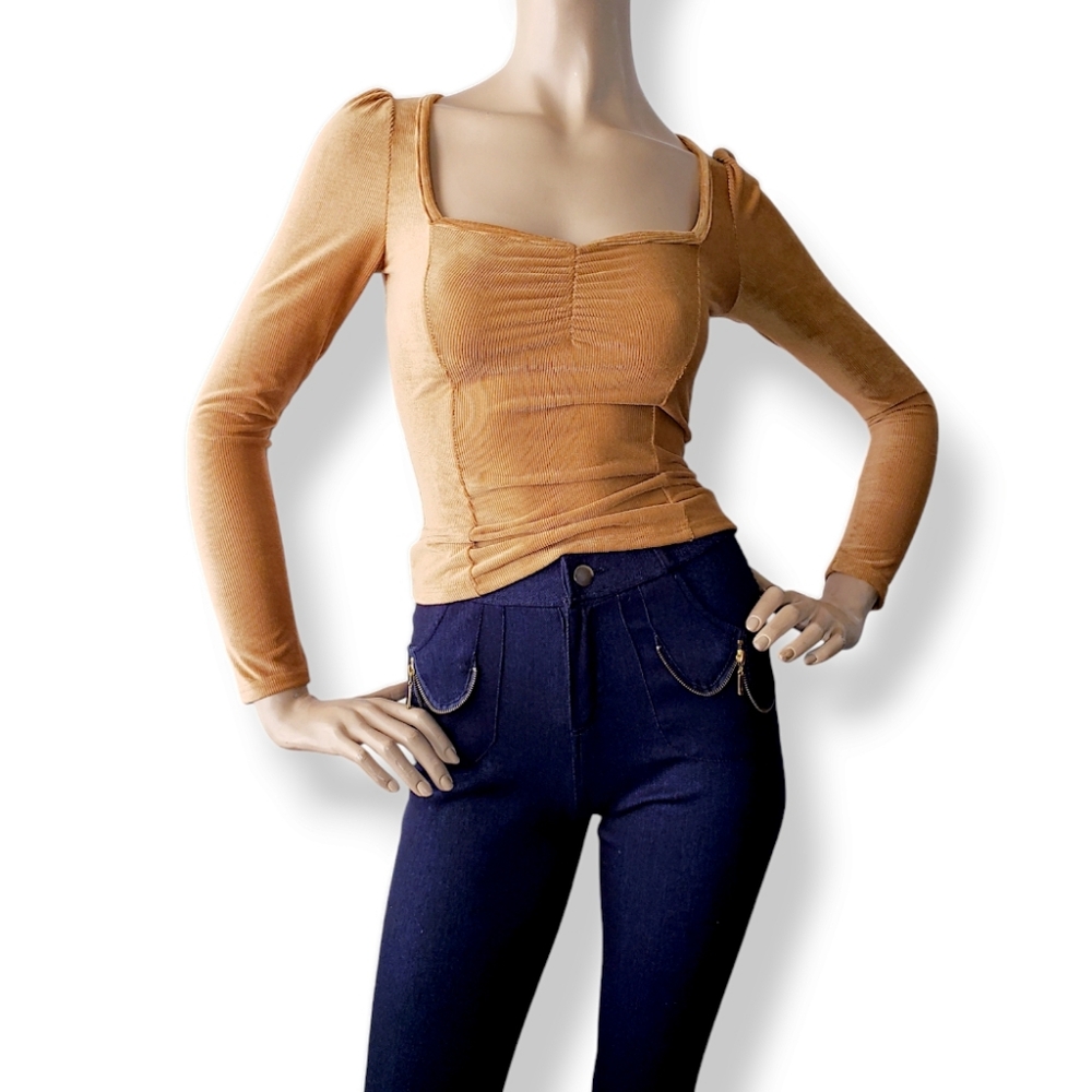 Styleshop Tan Corduroy Square Neck Ruched Blouse